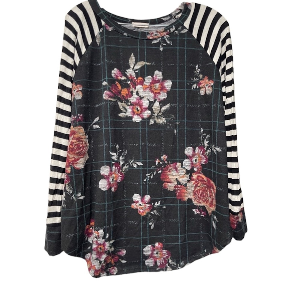 Viamor Long Sleeve Shirt Floral with Stripped Sleeves Size Small